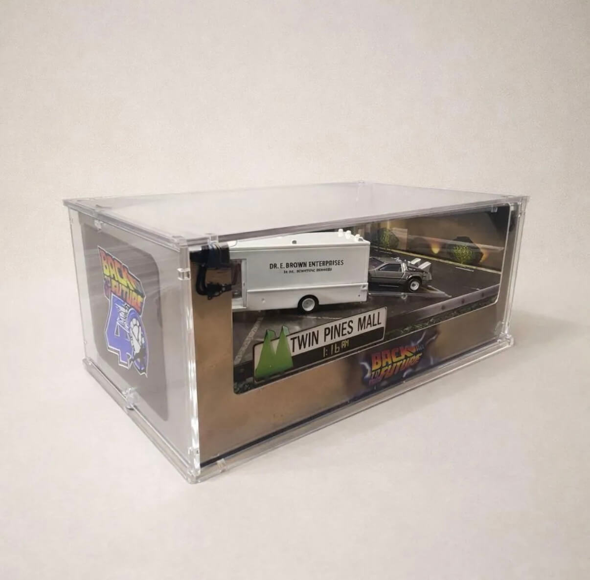 Hot Wheels Back to the Future (BTTF) 40th Anniversary Set Acrylic Display Case Corner View
