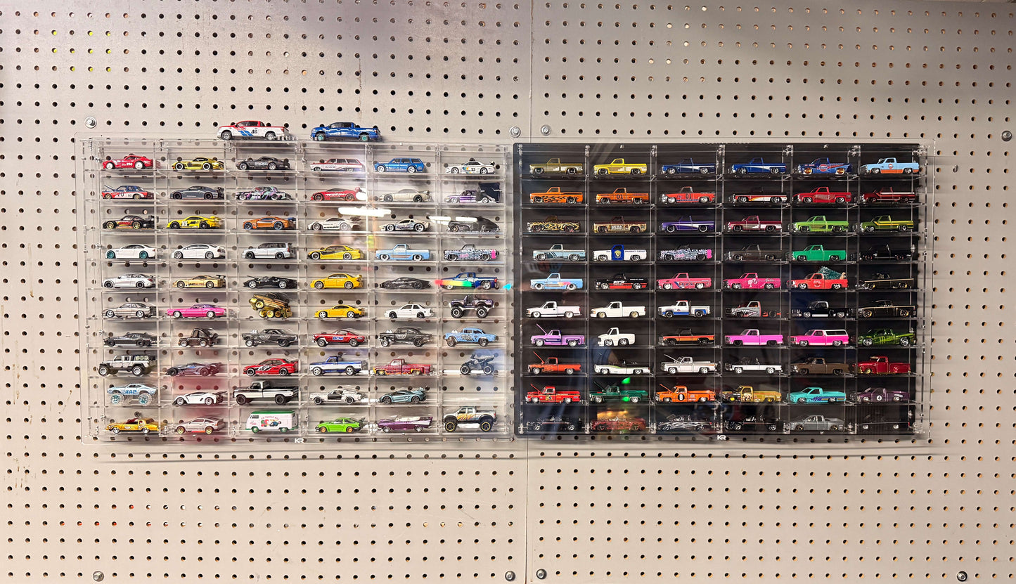 60 Slot Flat Back Wall Display for  1:64 Scale Loose Diecast - Black and Clear